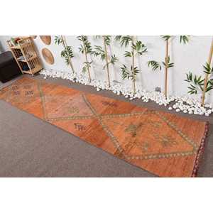 Tapis de couloir vintage 2,7x12,3 pieds, tapis abstrait orange et vert en laine - Product Image 2