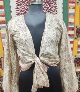 Top corto indio modesto de verano para mujer, manga raglán de seda crepé, mangas acampanadas, camisa/blusa de longitud corta, estampado Floral transpirable - Product Image 1