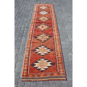 2.7x10 ft Turkish Rug, Vintage <b>Runner</b> Rug, <b>Red</b> Brown Patchwork Rug - Product Image 1