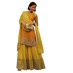 Costume Sharara brodé jaune chromé avec Dupatta pour réception de mariage indienne traditionnelle et tenue de fête - Product Image 1