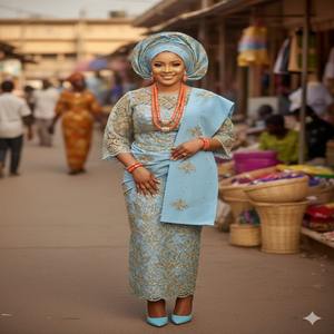 Regal Aesthetic Luxury Eco-Friendly Anti-static 100% Polyester Nigerian Wedding <b>Dress</b> for Girls Blue Hand Beaded Stone - Product Image 1