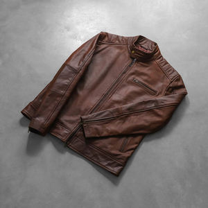 Chaqueta de Motociclista de Cuero Marrón para Hombre, Acabado Desgastado, Cuello Alto, Chaqueta de Motocicleta de Cuero Genuino, Prenda Exterior Elegante - Product Image 5