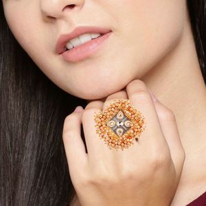 Anillo de dedo nupcial tradicional con cuentas de perlas de imitación Kundan chapadas en oro indio para mujeres, fabricantes de joyería india, gris - Product Image 3