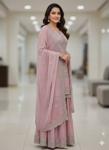 Ensemble Sharara de Luxe Rose Poudré en Georgette Brodé Respirant avec Dupatta – Tenue de Cérémonie de Luxe - Product Image 3
