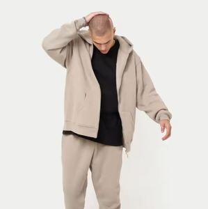 80% Algodón 20% poliéster de gran tamaño con cremallera frontal Sudadera con capucha gris verde acanalado dobladillo puños hombro caído estilo de invierno 100% Material de algodón - Product Image 4