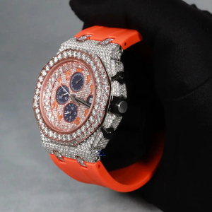 Montre de luxe personnalisée avec bracelet en caoutchouc orange, boîtier rond, cadran en diamant moissanite, mouvement à quartz glacé, montre pour homme - Product Image 5