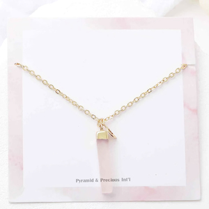 925 Silver Gold Plated Leaf Rose Quartz <b>Charm</b> Healing <b>Crystal</b> Bar <b>Pendant</b> Birthstone Jewelry 18 inch Necklace Wholesale Jewelry - Product Image 1