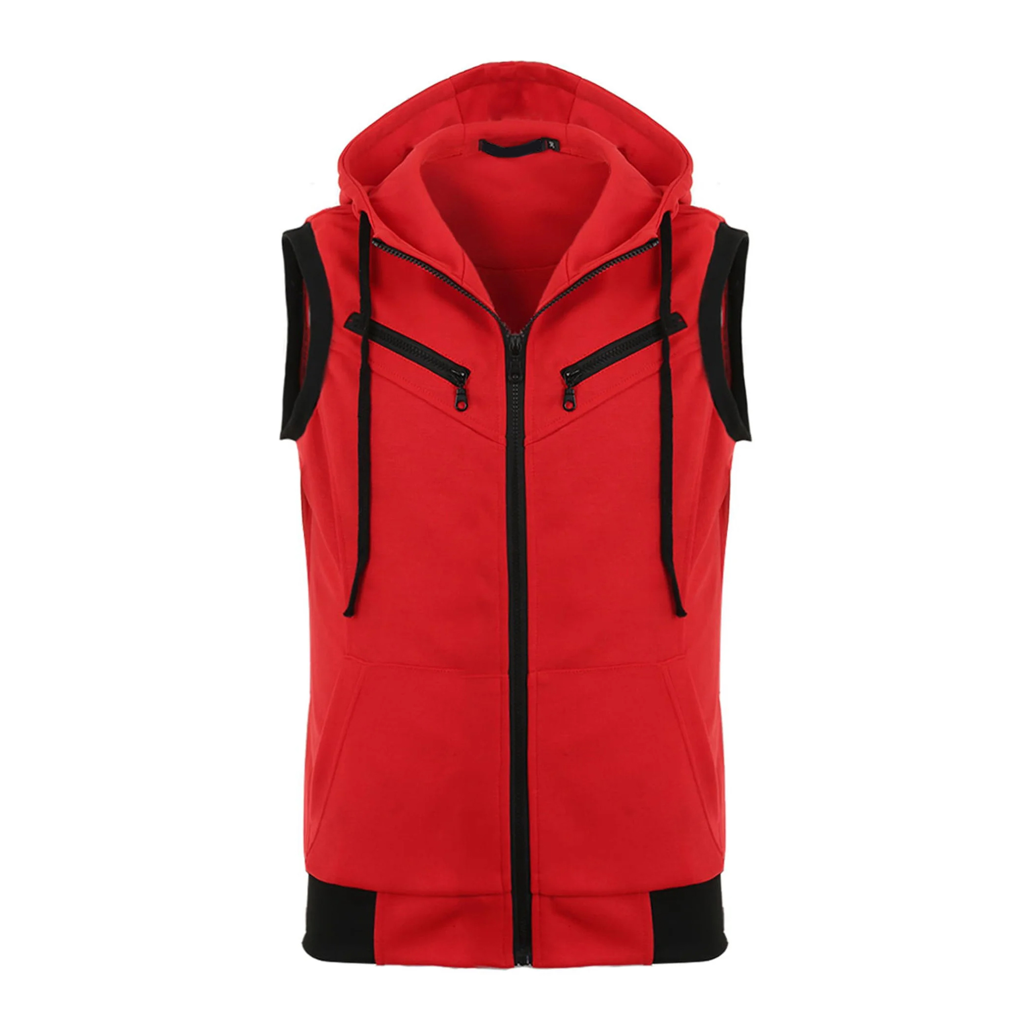 Wholesale Zipper Red Sleeveless Hoodies High Quality