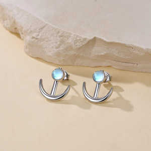 Pendientes de Plata de Ley 925 con Ancla para Mujer, Diseño Náutico de Marinero en Oro Rosa con Engaste de Piedra Lunar y Amatista - Product Image 4