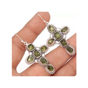 Handmade Jewelry Genuine Czech Moldavite Rough Stone <b>Earrings</b> <b>925</b> Sterling <b>Silver</b> Cross Dangle <b>Earrings</b> With Moldavite Gemstone - Product Image 1