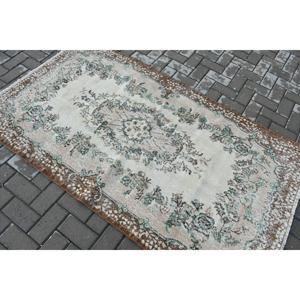 Turkish Vintage Rug, Accent 3.7x6.46 ft (114x197 cm) Rug, <b>Brown</b> Check <b>Wool</b> Rug - Product Image 4