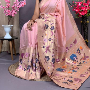 Sari Paithani Azul de Mezcla de Seda Tejida para Mujer, Diseño de Diseñador, para Fiestas, por Fabzone - Product Image 1