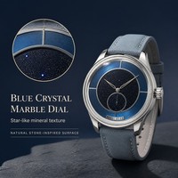Montre de luxe en quartz pour homme, logo personnalisé, mouvement Miyota, acier inoxydable 316L, bracelet en cuir, verre bombé, cadran en aventurine bleue K1
