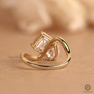 Emerald & Pear Lab Grown Diamond Toi Et Moi Anillo Twin Shank Anillo de Compromiso 14K Oro sólido - Product Image 2