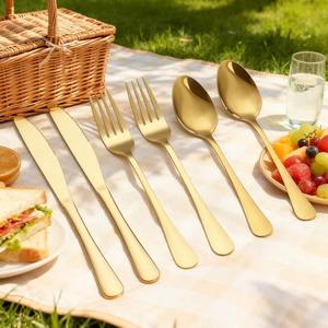 Ensemble de couverts en bois classique, écologique et luxueux, poli miroir, service de couverts, pique-nique, repas, 60 pièces, or brillant - Product Image 5