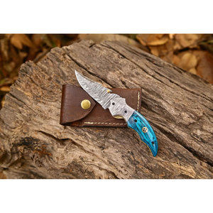 Cuchillo de bolsillo plegable EDC de acero de Damasco personalizado hecho a mano mango de madera exótica Funda de cuero con hoja de 3 pulgadas-para acampar DIY soporte OEM - Product Image 4