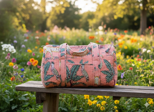 Indian Handmade Peach Cotton Quilted Forest Luxury Lightweight <b>Large</b> Capacity Durable Women's <b>Duffle</b> <b>Bag</b> Luggage - Product Image 3