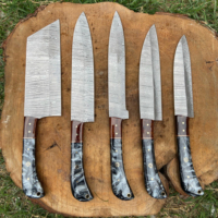 Ensemble de chef de cuisine en acier damas de cinq pièces en acier au carbone couperet à filet de boucher et couteaux à poitrine avec acier japonais VG10