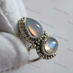 Chalcedony Rainbow Moonstone <b>Ring</b> Sterling Silver Natural Dual Gemstone <b>Boho</b> Handmade Women's Classic Jewelry Gift - Product Image 6