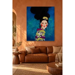 Fida, femme aux cheveux noirs volumineux sur fond bleu, impression sur toile - Product Image 4