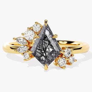 Anillo clásico de estilo bohemio para mujer, joyería de plata de ley 925, Topacio blanco y piedras preciosas de rutilo negro, anillo hecho a mano, joyería - Product Image 1