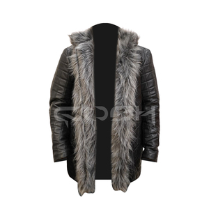 Chaqueta de Cuero Negra Premium Hecha a Mano para Invierno con Cuello y Solapa de Piel Gris Larga - Product Image 1