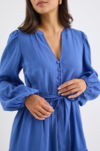 2025 azul de manga larga con cuello en V para mujer Maxi vestido bohemio 100% tela de rayón hasta el tobillo Casual Maxi vestido para mujer - Product Image 4
