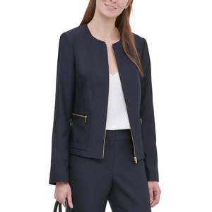 Giacca in Pelle Blu Navy da Donna Calvin Klein, Cerniera Frontale in Twill, Ricamo, Fodera in Nylon, Bomber Autunnale, Taglia Personalizzata 16 - Product Image 1