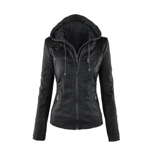 Women's Hooded Leather Jacket, <b>Detachable</b> Hat, Zipper, Long <b>Sleeved</b>, Plush, Slim Fit, Motorcycle Jacket, Winter - Product Image 3