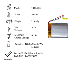 103040-3 폴리머 리튬 배터리 1200mAh 3.7V 103040 3선 교체 배터리 고용량 충전식 스피커 배터리 - Product Image 1