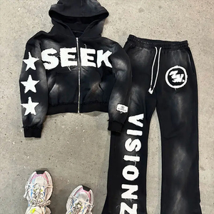 Personnalisé Délavé Vintage Broderie Soleil Décoloré Full Zip up Hoodies Survêtements Hommes Pantalon de Survêtement Évasé Ensemble de Sweat à Capuche de haute qualité - Product Image 3