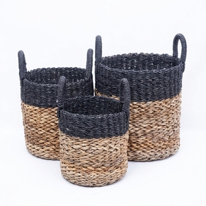 Natural Banana Bark Recycled <b>Plastic</b> <b>Basket</b> Set Two Tone Black Dipped Rim Arch Handle Cylinder Pot Planter Pure Art Setup Room - Product Image 1