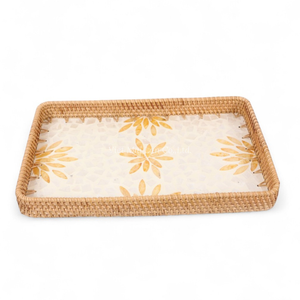 Plateau de service flexible en rotin fait main bohème avec nacre pour le service quotidien des aliments, utilisation en cuisine et présentation sur table - Product Image 2