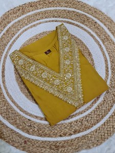 Mustard Yellow Straight <b>Kurti</b> with Hand Embroidery & Printed Dupatta Partywear Ethnic Outfit - Product Image 4