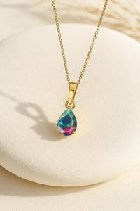 Collar con colgante de piedra preciosa de pera de ópalo negro genuino Ópalo natural Plata de Ley 925 Chapado en oro de 14 quilates Regalo de piedra natal de octubre - Product Image 2