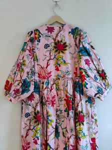 Robe longue décontractée d'été à manches longues et col en V, imprimé floral en coton rose Guleen - Product Image 5