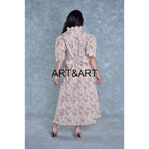 Vestido de verano con estampado de bloques florales a mano para mujer, vestido Midi de algodón suave, Túnica con botones de cuerda Natural, regalo perfecto para - Product Image 3