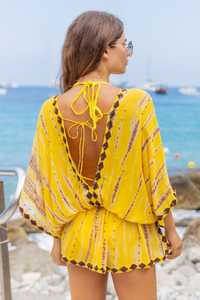 Nouvelle vente chaude robes de plage pour les vêtements pour femmes Boho vêtements jaune cravate teinture soie concepteur caftan plage couvrir - Product Image 5