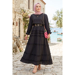 Ensemble jupe en mousseline noire XS avec détail volanté, motif uni, 2 pièces, short et haut de sport d'été - Product Image 1