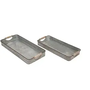 Rectangular Silver Vintage Serving Tray With Wooden Handles For Home Table Centerpiece Rustic Decorative Metal Galvanized