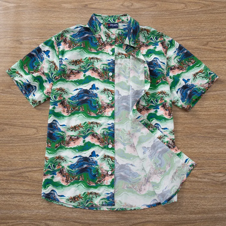 Custom Print Design Beach Wear Quick Dry Satin Cotton Button Down Collar Short Sleeves Green Hawaiian Shirt For Men
