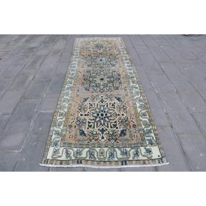 Tapis turc vintage de 3,6 x 11,4 pieds, tapis de couloir, tapis en laine bleue - Product Image 1