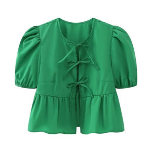 Chemise en coton à manches bouffantes pour femmes-Tops courts élégants à lacets et col en O 2025-Printemps-Été-Chemisier féminin - Product Image 6