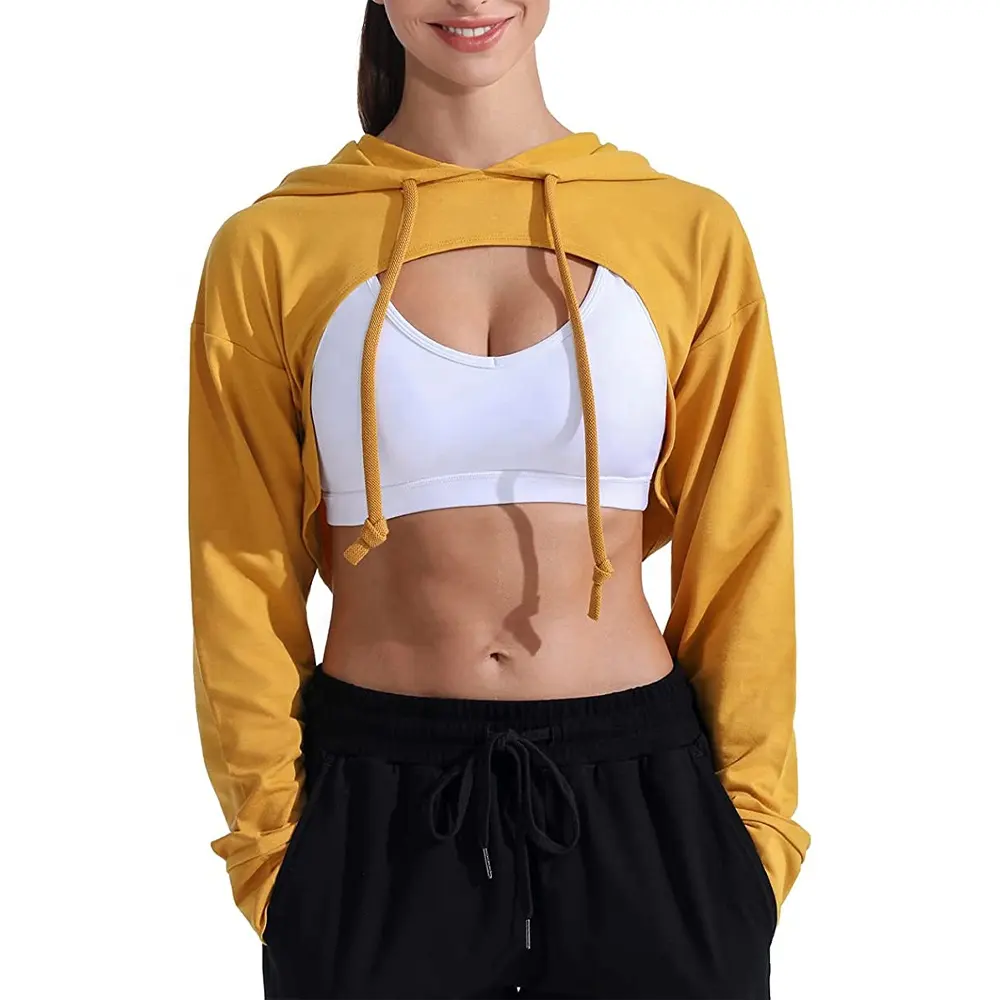 Women's Summer Crop Top Gym Casual Short Sweatshirts Long Sleeve Pullover Cut out Loose Cropped Hoodie