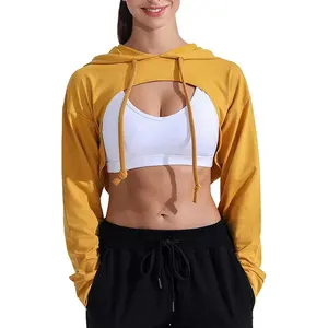 女性の夏のクロップトップジムカジュアルショートスウェットシャツ長袖プルオーバーカットアウトルーズクロップドパーカー