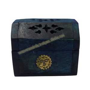 Écologique vente en gros, incrustation en laiton solaire, Mini boîte de brûleur de cône d'encens en bois de couleur bleue pour le parfum de bureau et de maison - Product Image 1