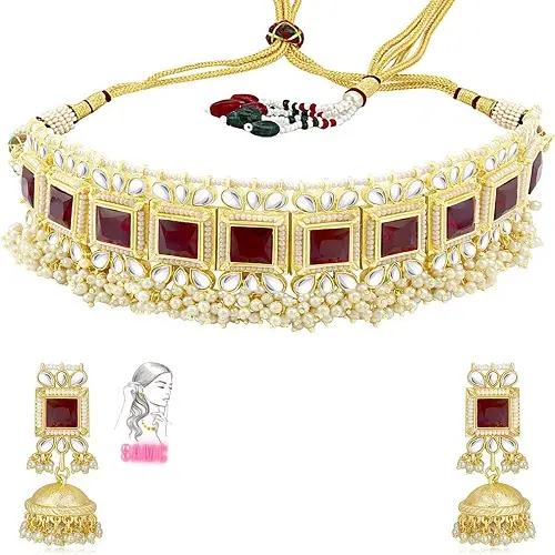 Jmc conjunto de joias para mulheres, conjunto de joias banhadas a ouro 18k, gargantilha tradicional e estilo kundan,
