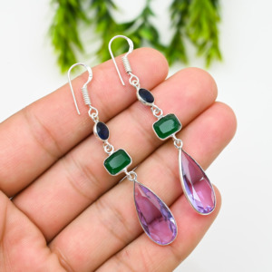Briolette อเมทิสต์บราซิลต่างหูสีม่วงสเตอร์ลิง925 J-1011การป้องกันทางจิตสำหรับงานแต่งงานงานหมั้นลึก - Product Image 3