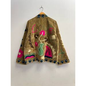 Fezan Handicrafts Brownish <b>Velvet</b> Quilted <b>Jacket</b> Wholesale Suzani Floral Embroidery Two Side Pockets Boho Hippie Quick Dry - Product Image 5