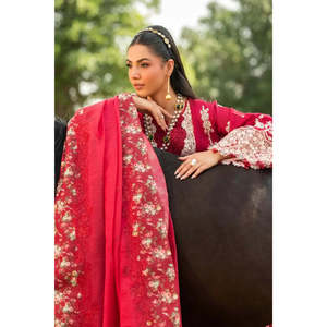 Tissu en dentelle 100% coton Elaf Premium Luxury Lawn Edition 26 ELH-6B JULIET TC-1537 Rouge rosé pour femmes - Product Image 3